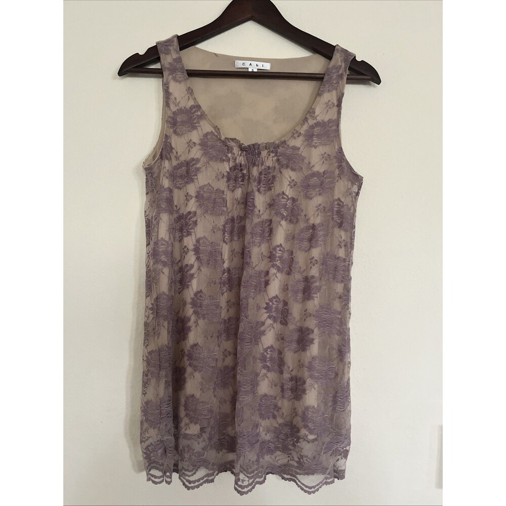 Cabi Sleeveless Lace Floral Overlay Fairy Grunge Lined Tank Tan Lavender SZ S